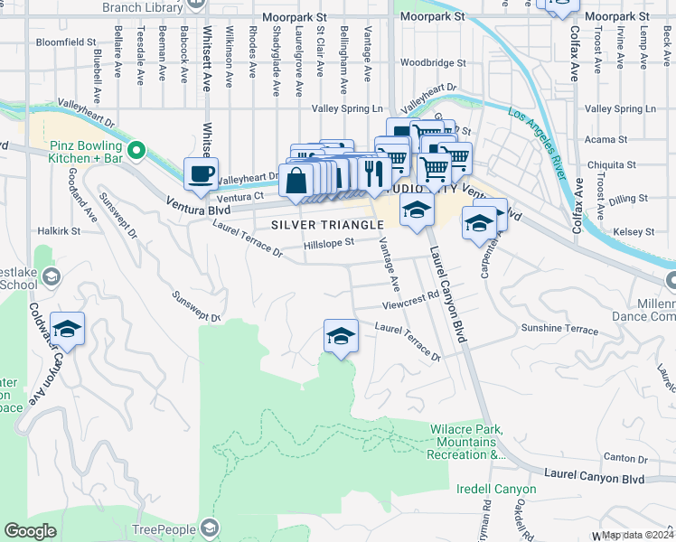 map of restaurants, bars, coffee shops, grocery stores, and more near 12236 Laurel Terrace Drive in Los Angeles
