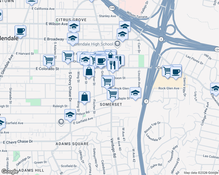 map of restaurants, bars, coffee shops, grocery stores, and more near 520 Griswold Street in Glendale