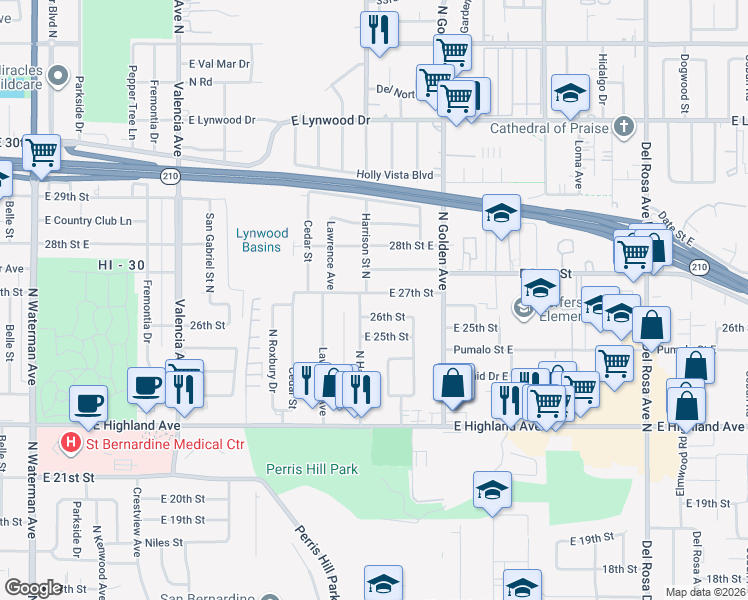 map of restaurants, bars, coffee shops, grocery stores, and more near 1111 East 27th Street in San Bernardino