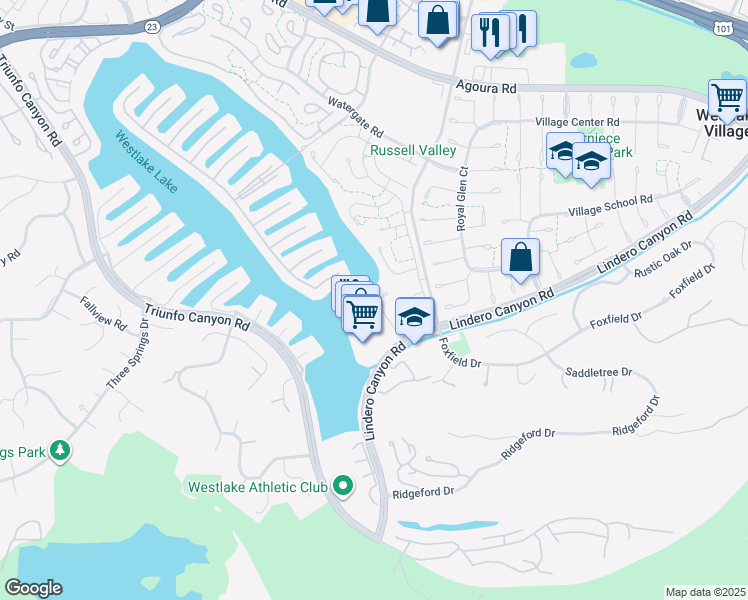 map of restaurants, bars, coffee shops, grocery stores, and more near 32080 Waterside Lane in Westlake Village