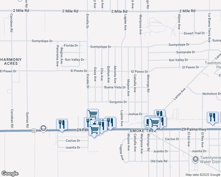 map of restaurants, bars, coffee shops, grocery stores, and more near 6246 Baileya Avenue in Twentynine Palms