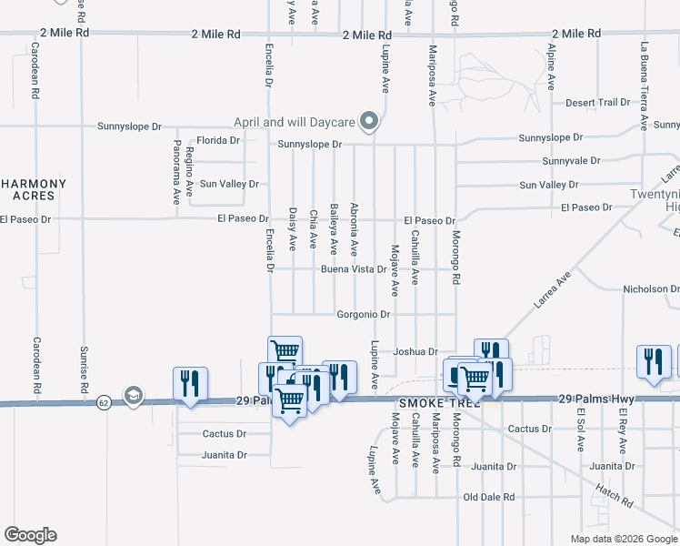 map of restaurants, bars, coffee shops, grocery stores, and more near 6213 Baileya Avenue in Twentynine Palms