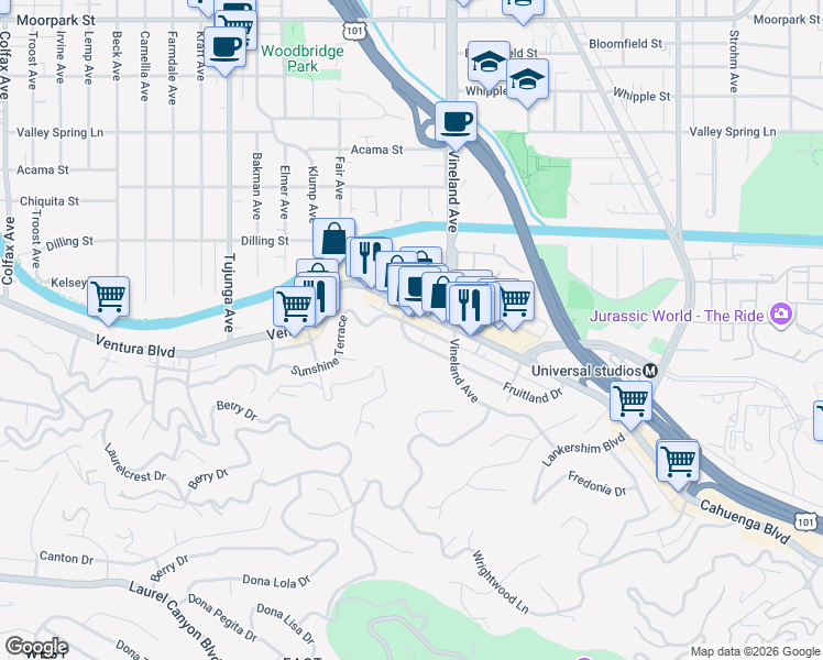 map of restaurants, bars, coffee shops, grocery stores, and more near 11059 Fruitland Drive in Los Angeles