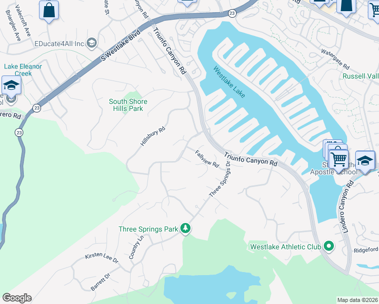 map of restaurants, bars, coffee shops, grocery stores, and more near 1841 Fallview Road in Westlake Village