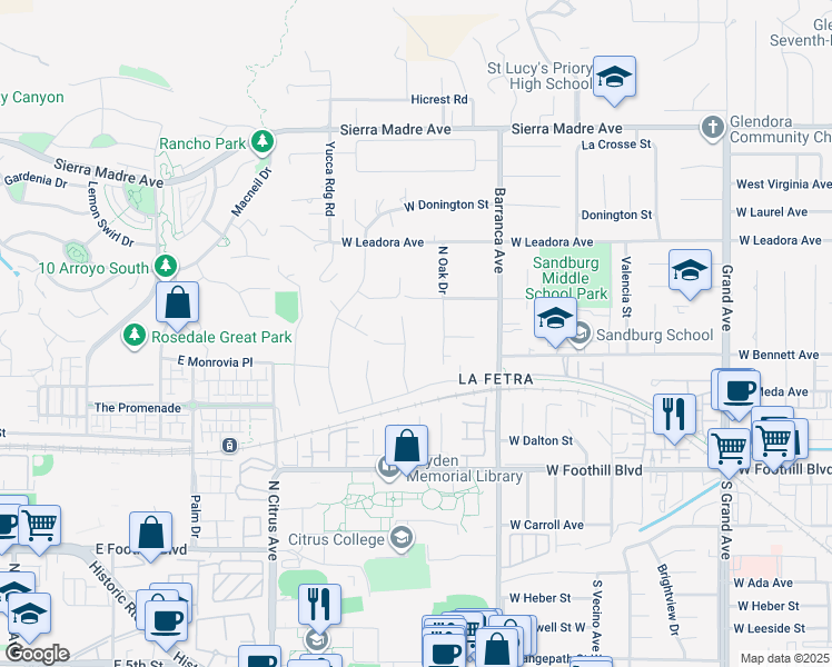 map of restaurants, bars, coffee shops, grocery stores, and more near 332 Snapdragon Lane in Glendora