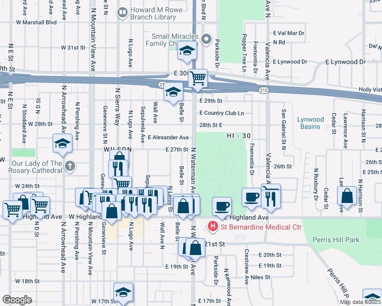 map of restaurants, bars, coffee shops, grocery stores, and more near 2666 North Waterman Avenue in San Bernardino