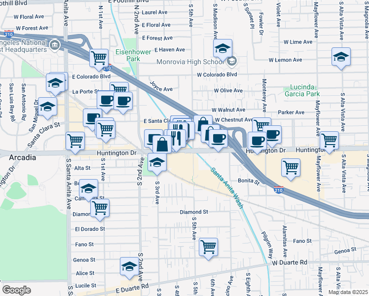 map of restaurants, bars, coffee shops, grocery stores, and more near 411 Huntington Drive in Arcadia