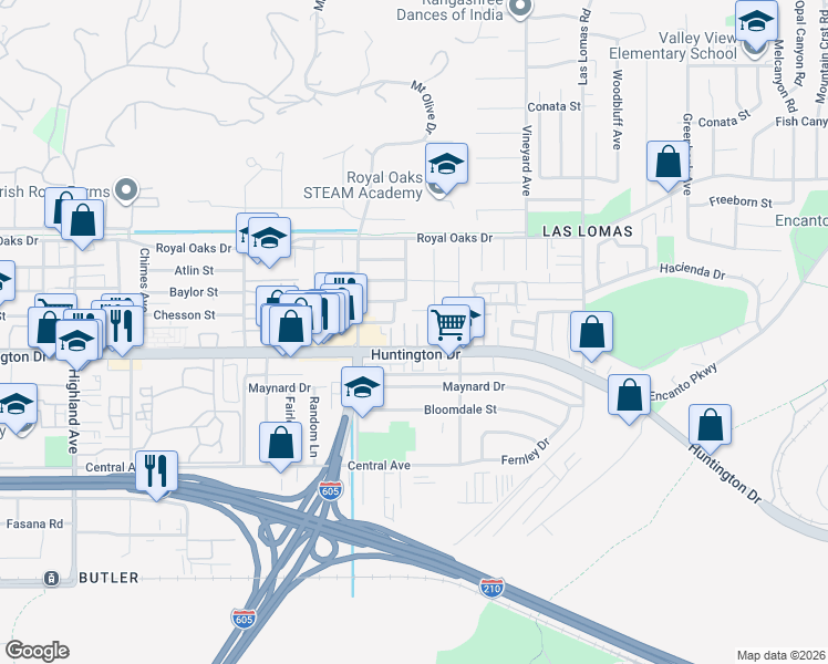 map of restaurants, bars, coffee shops, grocery stores, and more near 1117 Patel Place in Duarte
