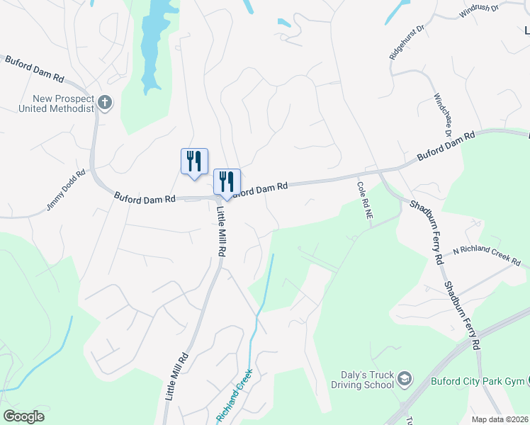 map of restaurants, bars, coffee shops, grocery stores, and more near 5680 Crest Hill Drive Northeast in Buford