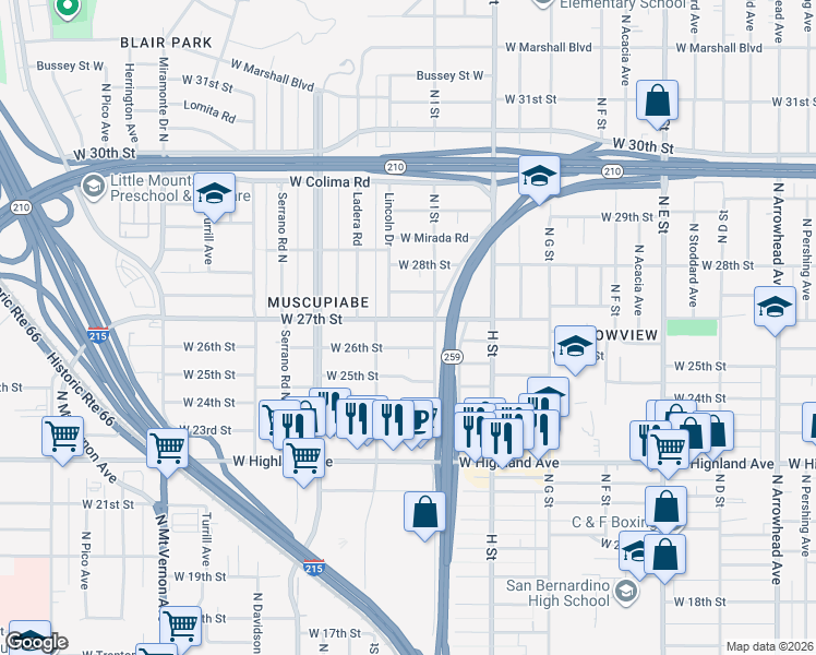 map of restaurants, bars, coffee shops, grocery stores, and more near 962 West 26th Street in San Bernardino