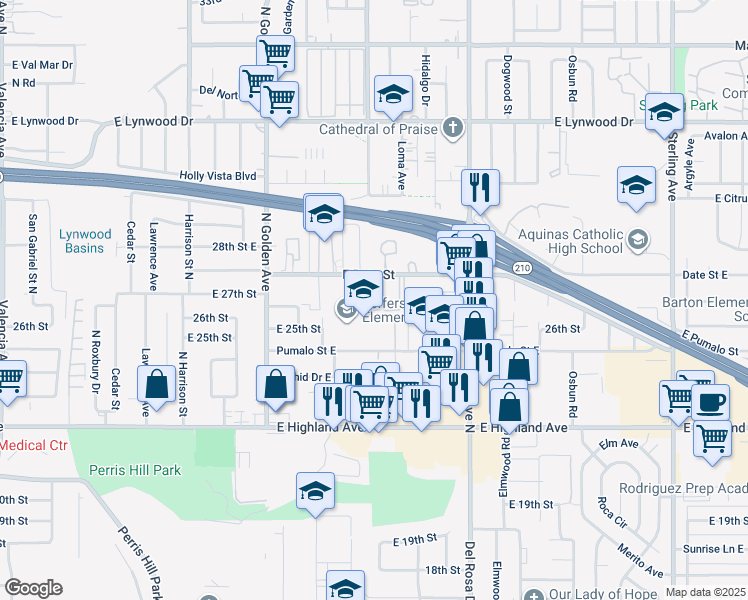 map of restaurants, bars, coffee shops, grocery stores, and more near 1415 East Date Street in San Bernardino