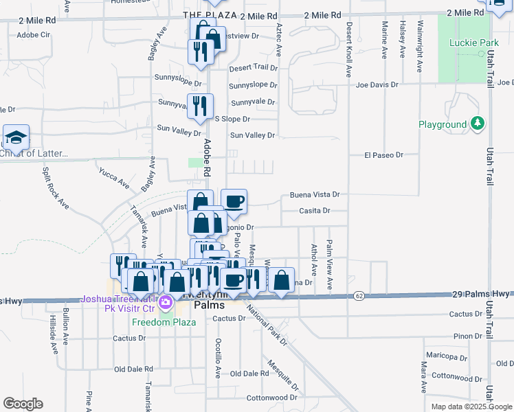 map of restaurants, bars, coffee shops, grocery stores, and more near 6215 Ocotillo Avenue in Twentynine Palms