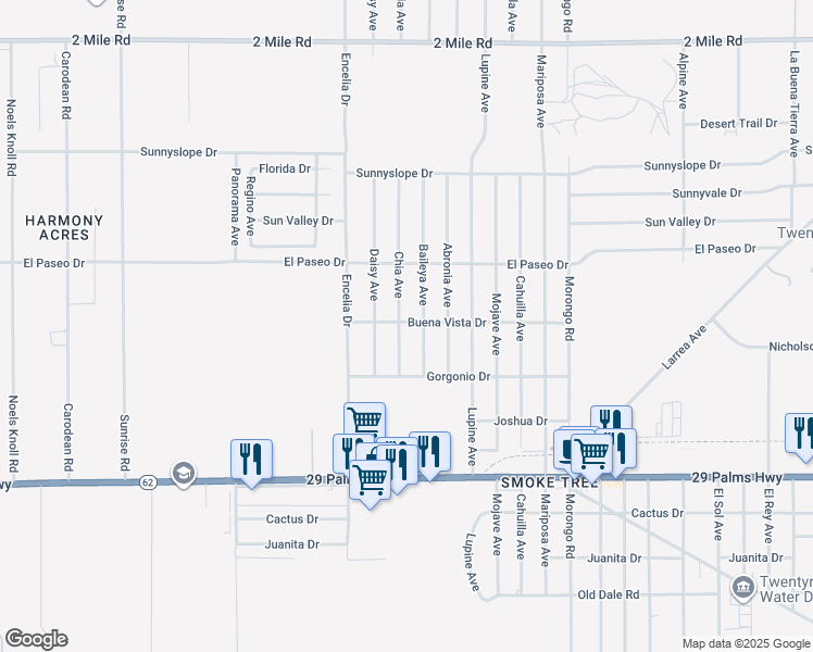 map of restaurants, bars, coffee shops, grocery stores, and more near 6246 Baileya Avenue in Twentynine Palms