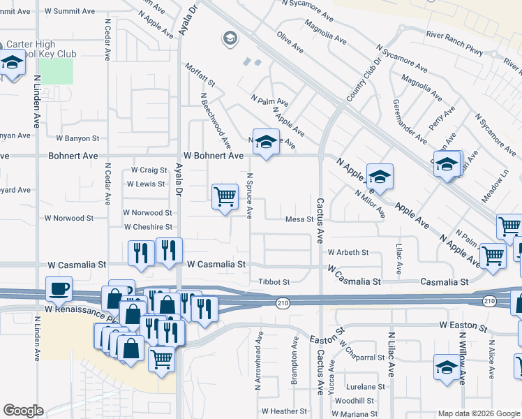 map of restaurants, bars, coffee shops, grocery stores, and more near 2233 North Arrowhead Avenue in Rialto