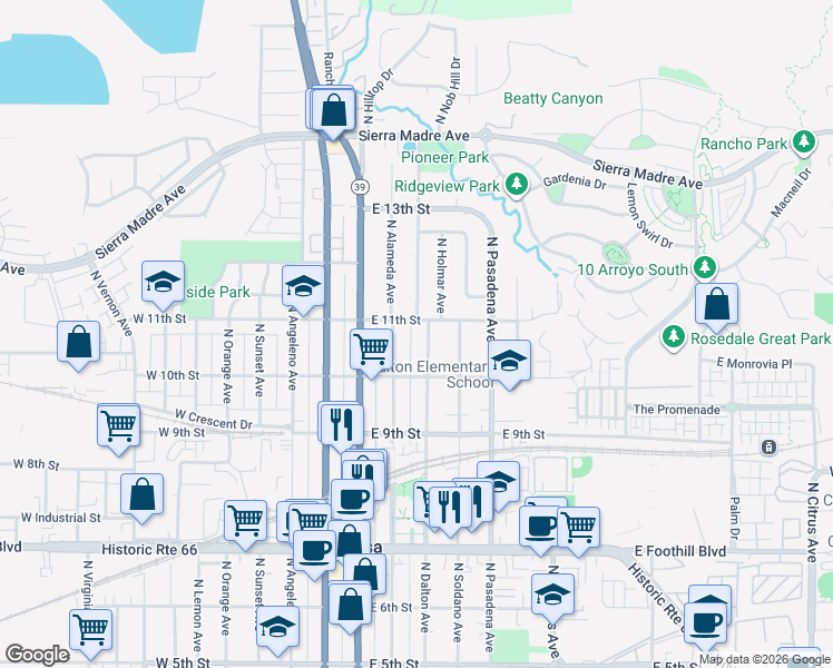 map of restaurants, bars, coffee shops, grocery stores, and more near 1026 North Alameda Avenue in Azusa