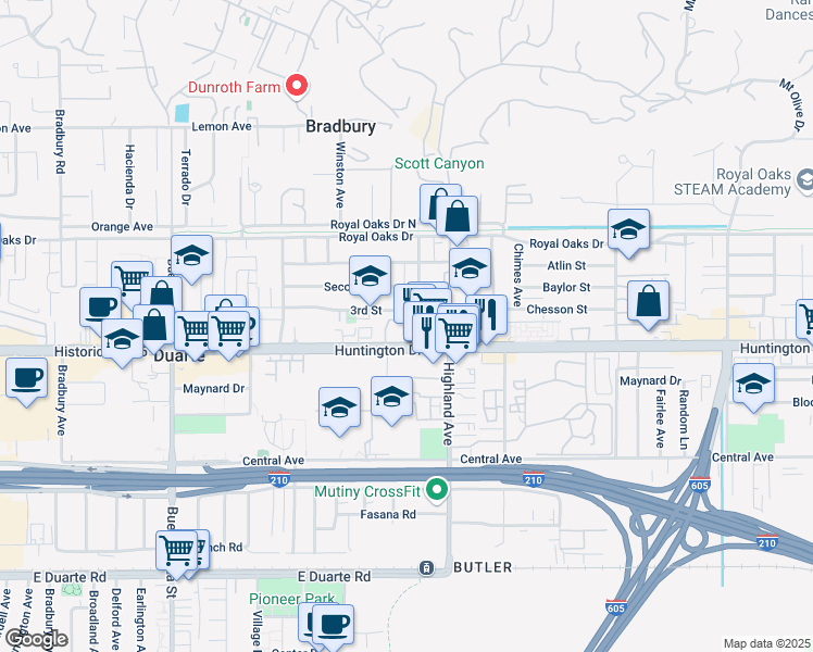 map of restaurants, bars, coffee shops, grocery stores, and more near in Duarte
