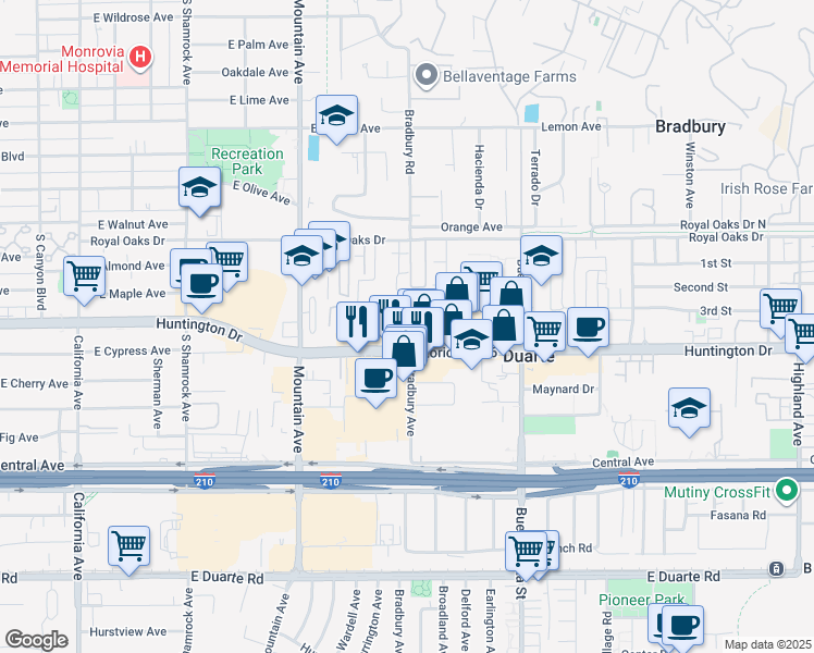 map of restaurants, bars, coffee shops, grocery stores, and more near 1043 East Huntington Drive in Monrovia