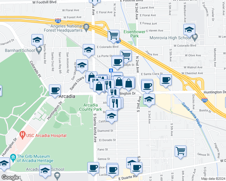 map of restaurants, bars, coffee shops, grocery stores, and more near 54 East Huntington Drive in Arcadia