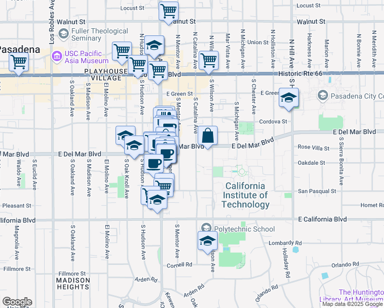 map of restaurants, bars, coffee shops, grocery stores, and more near 339 South Catalina Avenue in Pasadena