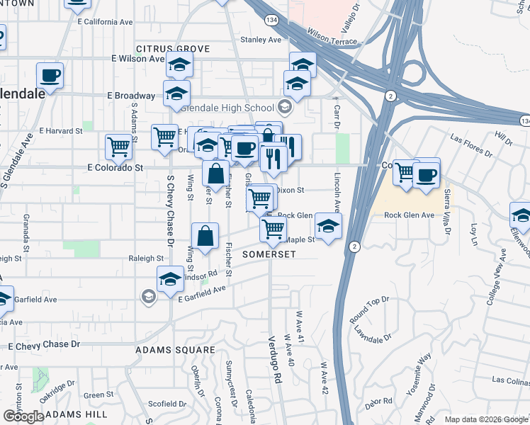 map of restaurants, bars, coffee shops, grocery stores, and more near 520 Griswold Street in Glendale