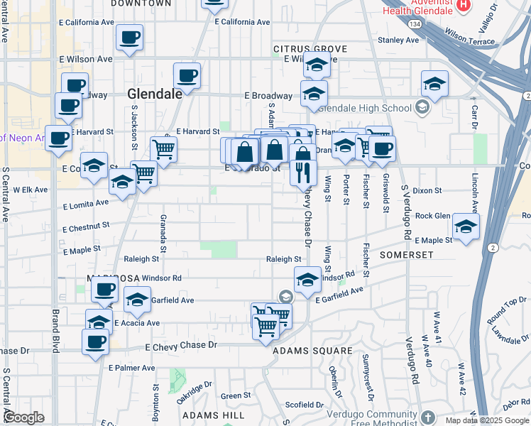 map of restaurants, bars, coffee shops, grocery stores, and more near 513 South Adams Street in Glendale