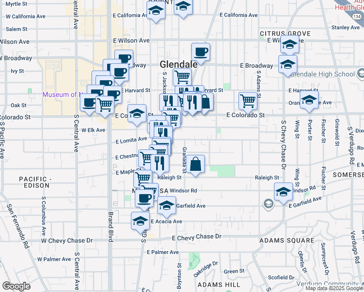 map of restaurants, bars, coffee shops, grocery stores, and more near 607 East Chestnut Street in Glendale