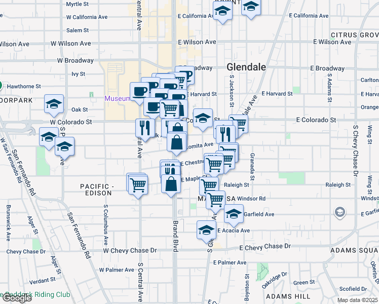 map of restaurants, bars, coffee shops, grocery stores, and more near 115 East Chestnut Street in Glendale