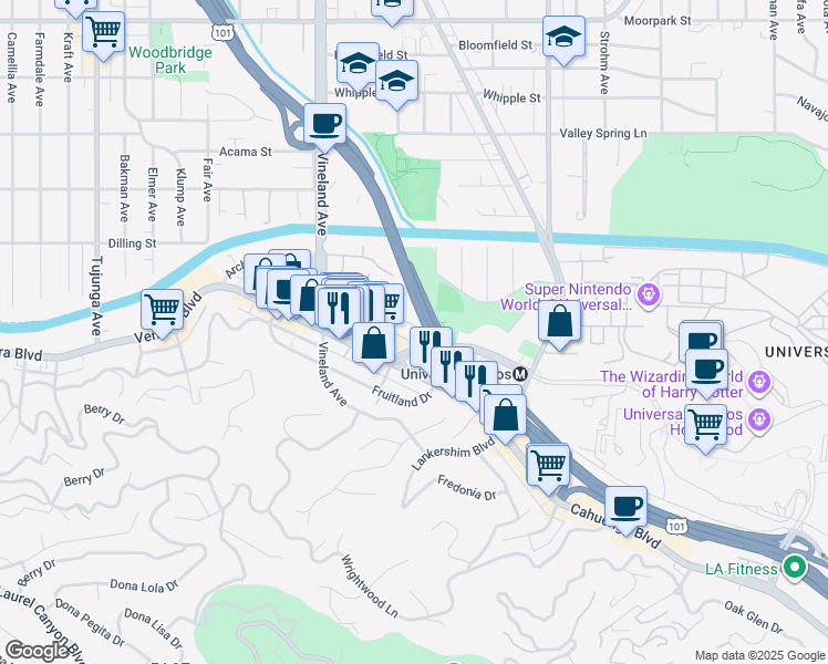 map of restaurants, bars, coffee shops, grocery stores, and more near 108 Riverton Avenue in Los Angeles