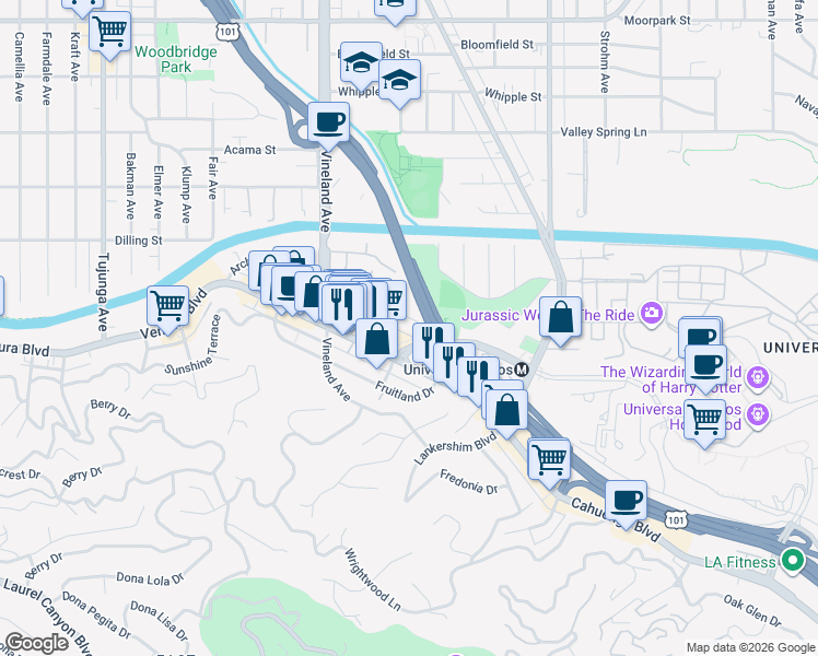 map of restaurants, bars, coffee shops, grocery stores, and more near 108 Riverton Avenue in Los Angeles