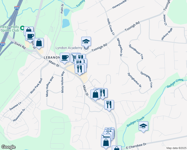 map of restaurants, bars, coffee shops, grocery stores, and more near 138 Fox Creek Drive in Woodstock