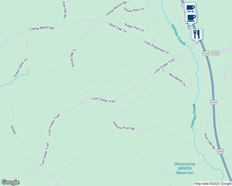 map of restaurants, bars, coffee shops, grocery stores, and more near Lost Creek Terrace in Broken Bow