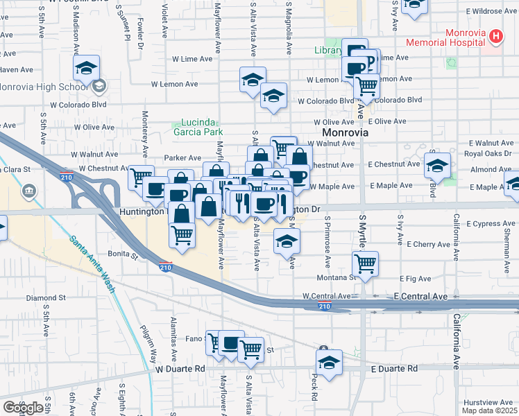 map of restaurants, bars, coffee shops, grocery stores, and more near West Huntington Drive & South Alta Vista Avenue in Monrovia