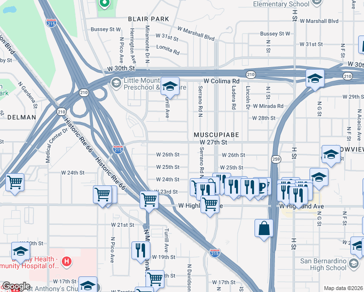 map of restaurants, bars, coffee shops, grocery stores, and more near 1223 West 27th Street in San Bernardino