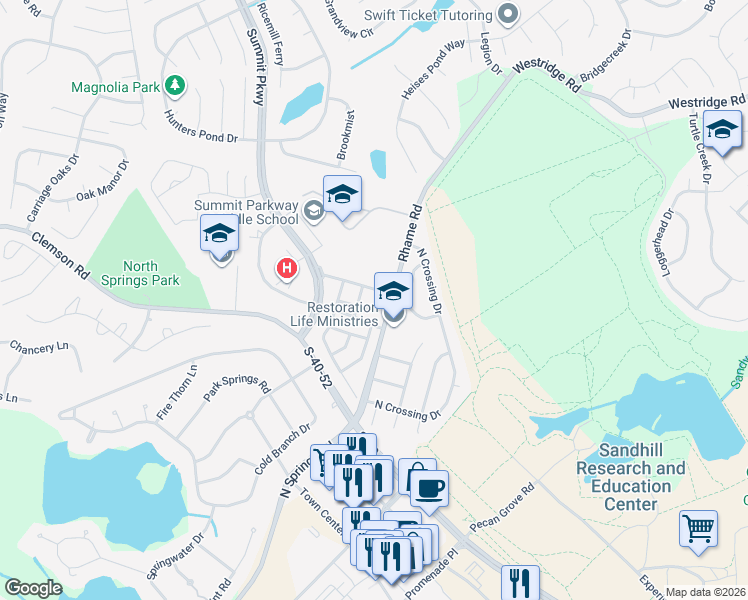 map of restaurants, bars, coffee shops, grocery stores, and more near 104 Summit Square in Columbia