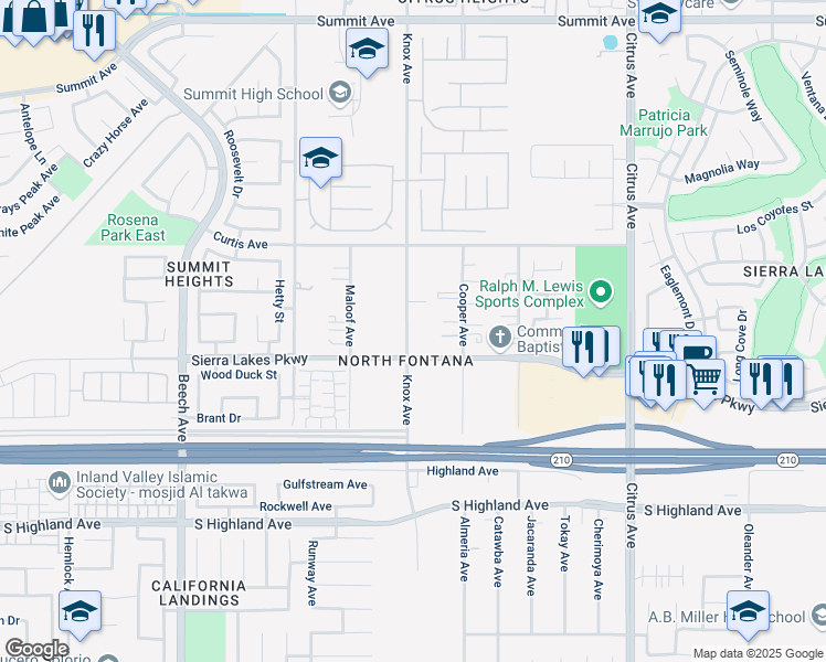 map of restaurants, bars, coffee shops, grocery stores, and more near 6257 Knox Avenue in Fontana