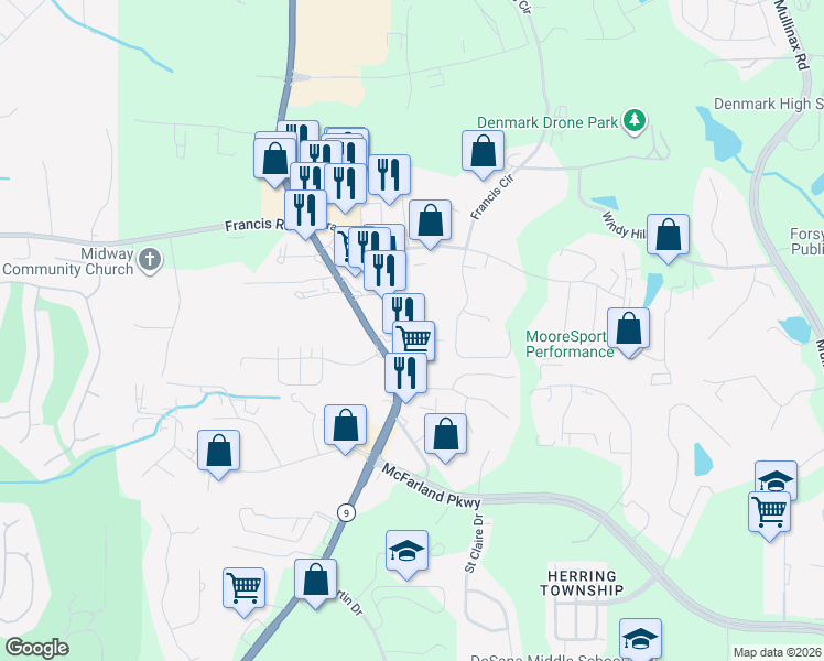 map of restaurants, bars, coffee shops, grocery stores, and more near 5925 Gateway Drive in Alpharetta