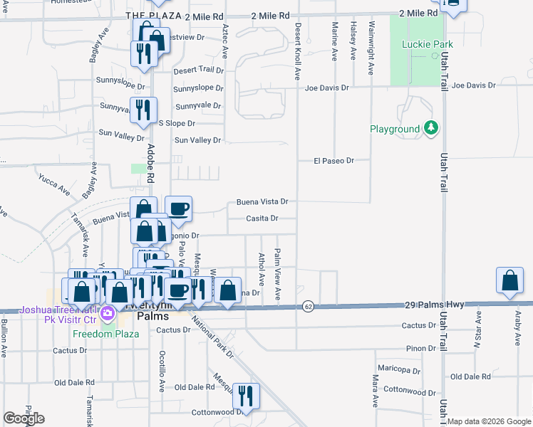 map of restaurants, bars, coffee shops, grocery stores, and more near 74003 Casita Drive in Twentynine Palms