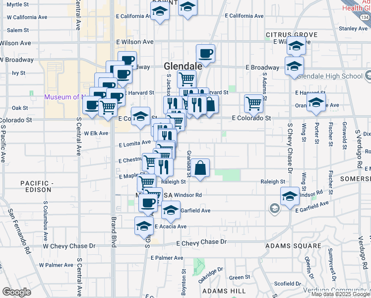 map of restaurants, bars, coffee shops, grocery stores, and more near 507 Granada Street in Glendale