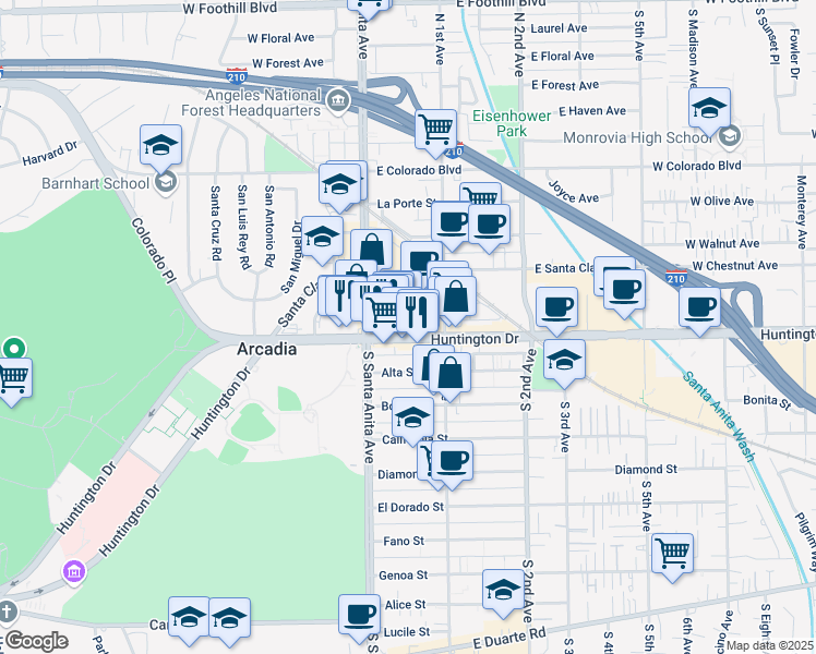 map of restaurants, bars, coffee shops, grocery stores, and more near 16 West Historic Route 66 in Arcadia