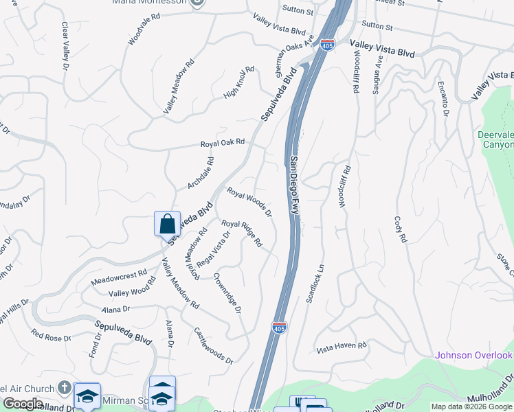 map of restaurants, bars, coffee shops, grocery stores, and more near 3847 Royal Woods Drive in Los Angeles