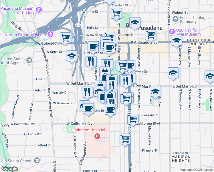 map of restaurants, bars, coffee shops, grocery stores, and more near in Pasadena
