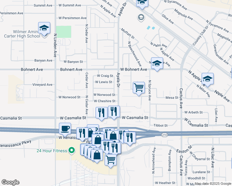map of restaurants, bars, coffee shops, grocery stores, and more near 2247 North Driftwood Avenue in Rialto