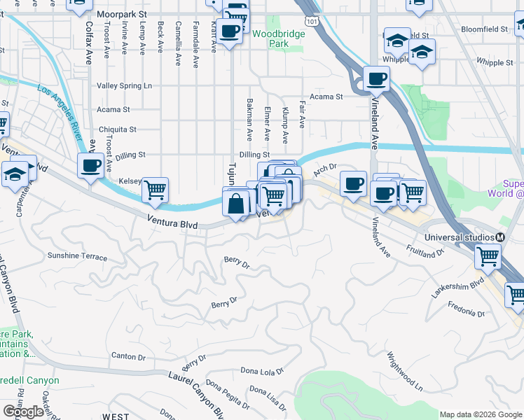 map of restaurants, bars, coffee shops, grocery stores, and more near 11337 Ventura Boulevard in Los Angeles