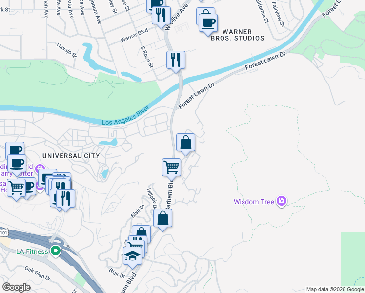 map of restaurants, bars, coffee shops, grocery stores, and more near 3618 Barham Boulevard in Los Angeles