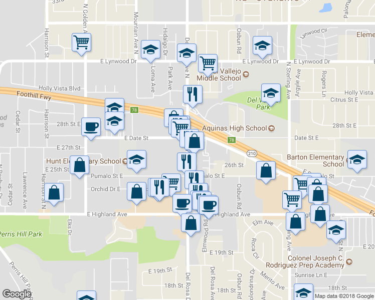 map of restaurants, bars, coffee shops, grocery stores, and more near 2640 North Del Rosa Avenue in San Bernardino
