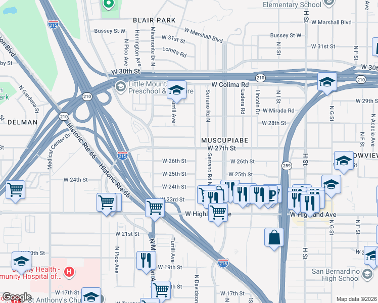 map of restaurants, bars, coffee shops, grocery stores, and more near 1223 West 27th Street in San Bernardino