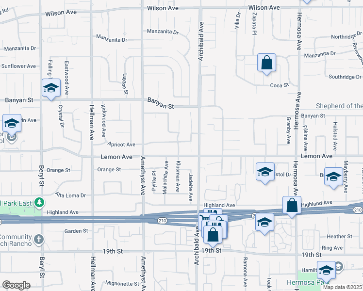map of restaurants, bars, coffee shops, grocery stores, and more near 9637 Apricot Avenue in Rancho Cucamonga