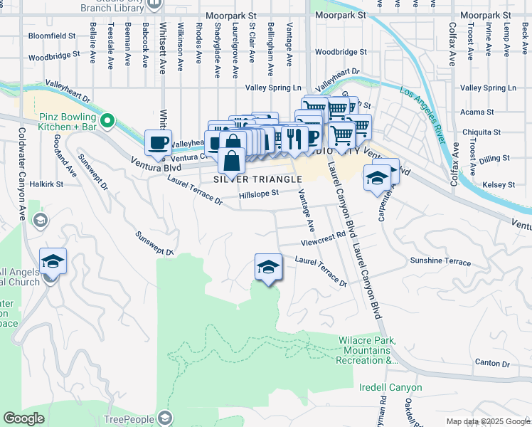 map of restaurants, bars, coffee shops, grocery stores, and more near 12236 Laurel Terrace Drive in Los Angeles