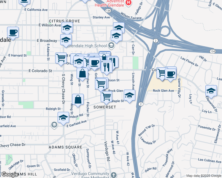 map of restaurants, bars, coffee shops, grocery stores, and more near 1408 Rock Glen Avenue in Glendale