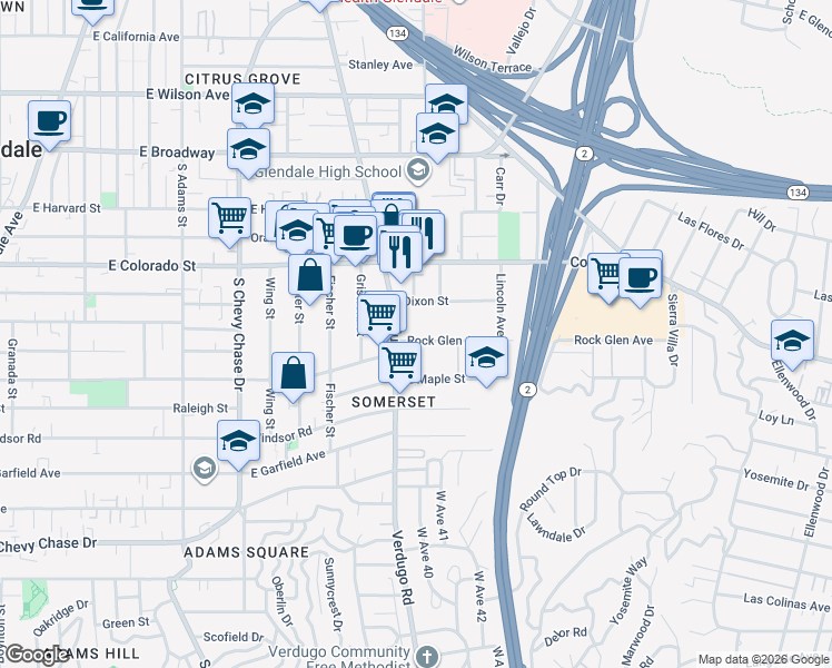 map of restaurants, bars, coffee shops, grocery stores, and more near 1417 Rock Glen Avenue in Glendale